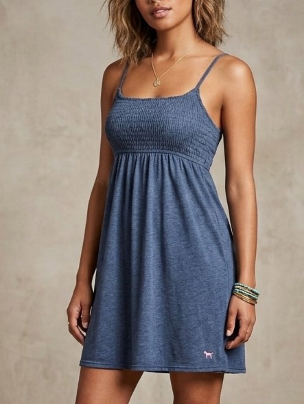 Y2K VS PINK Smocked T-Back Blue Babydoll Mini Slip Dress XS Cotton Romantic